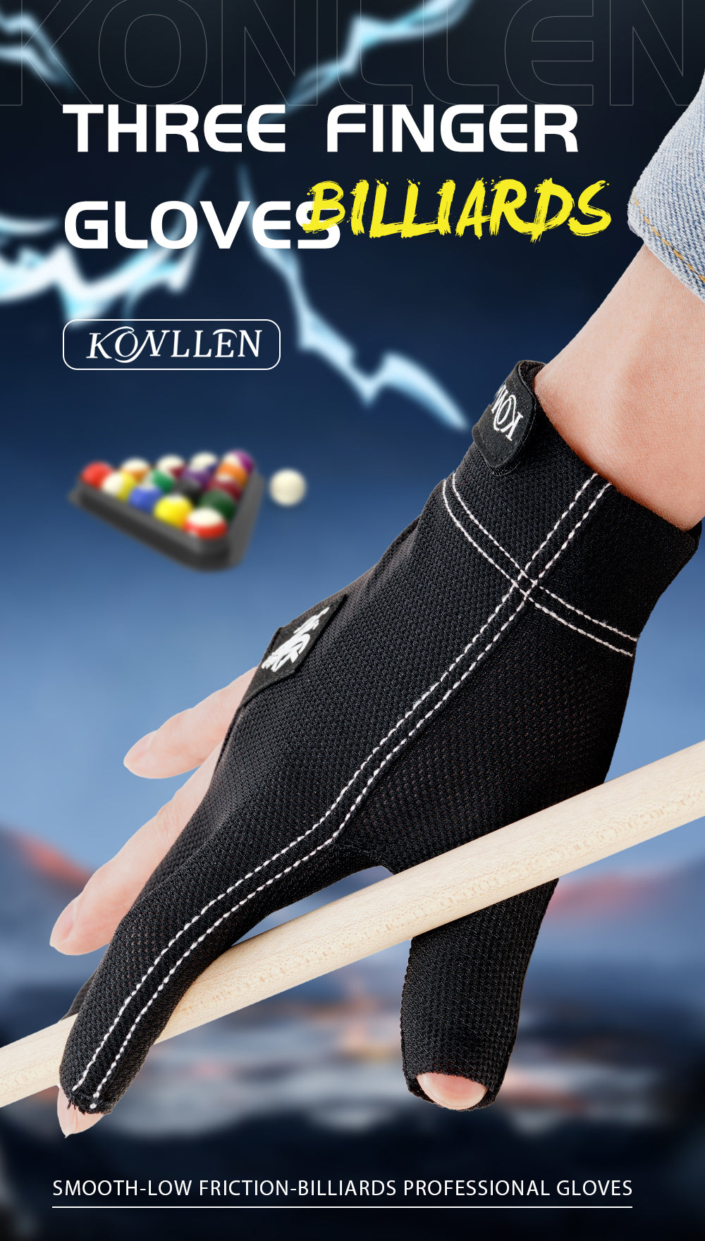 KONLLEN Billiards Pool Cue Gloves, 3 Finger Gloves, Left and Right Hand Carom Gloves, Professional Billiard Accessories