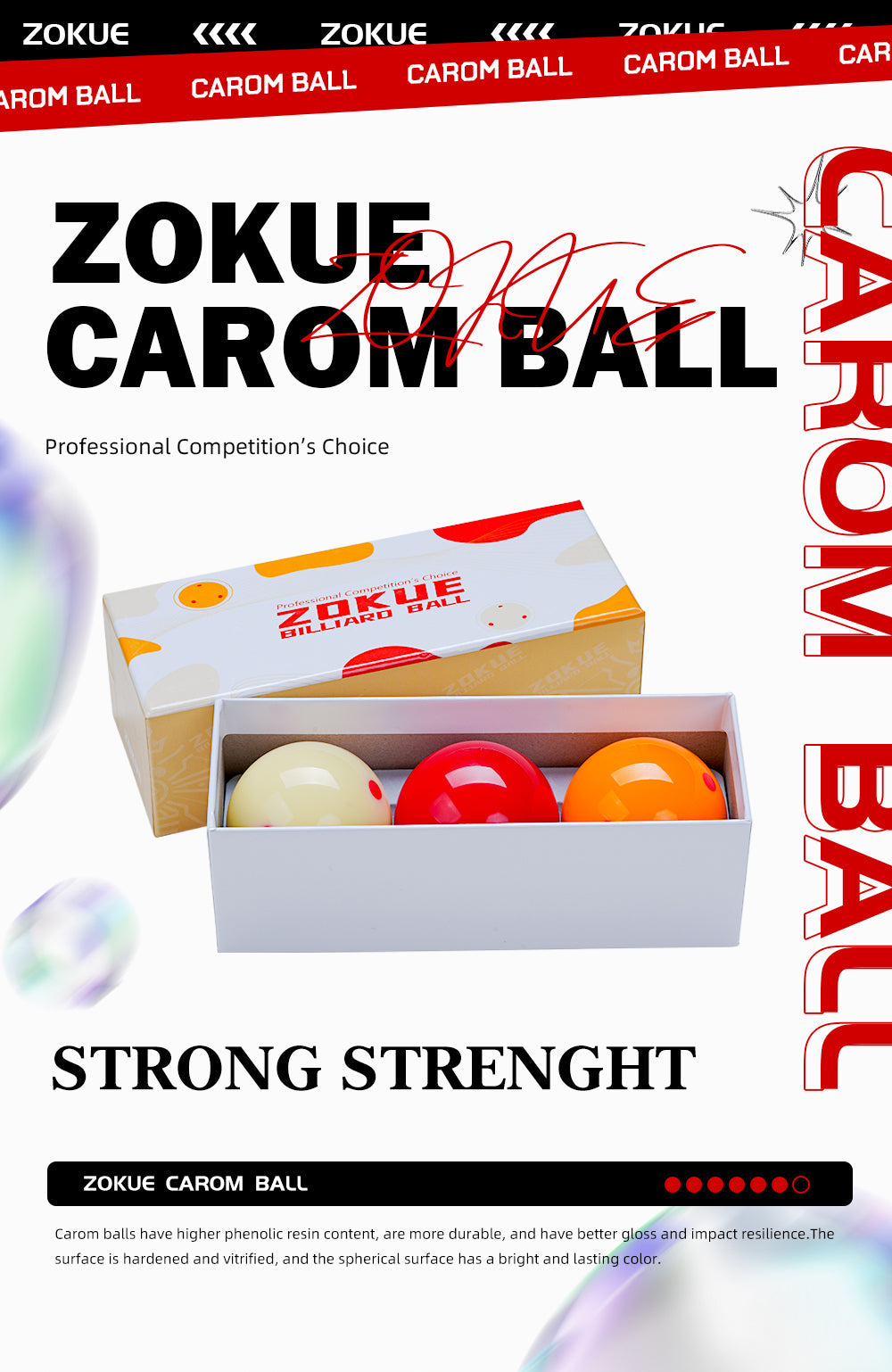 ZOKUE Carom Ball Set Carom Billiard Balls (61.5 mm) Complete 3 Ball Set for Beginner