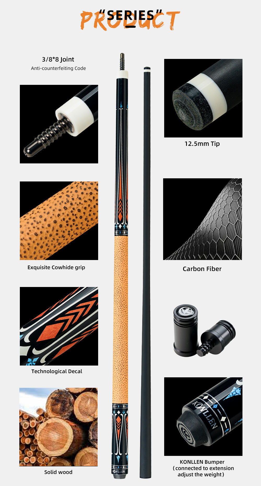 KONLLEN Billiard Carbon Fiber Pool Cue 12.5mm Tip 3*8/8 Joint Pin Professional Taper Leather Grip with case