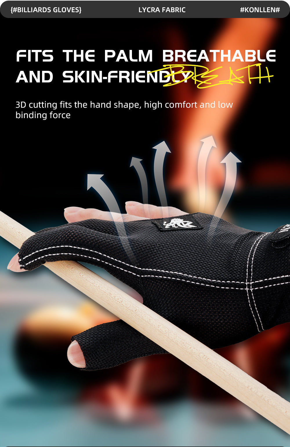 KONLLEN Billiards Pool Cue Gloves, 3 Finger Gloves, Left and Right Hand Carom Gloves, Professional Billiard Accessories