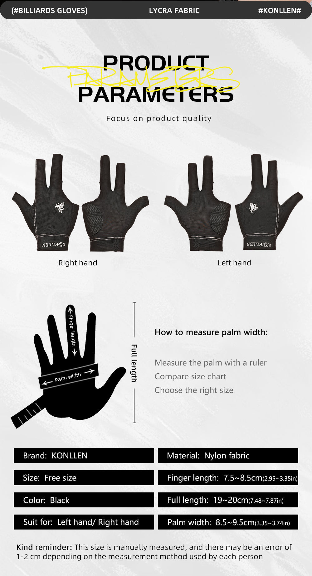 KONLLEN Billiards Pool Cue Gloves, 3 Finger Gloves, Left and Right Hand Carom Gloves, Professional Billiard Accessories