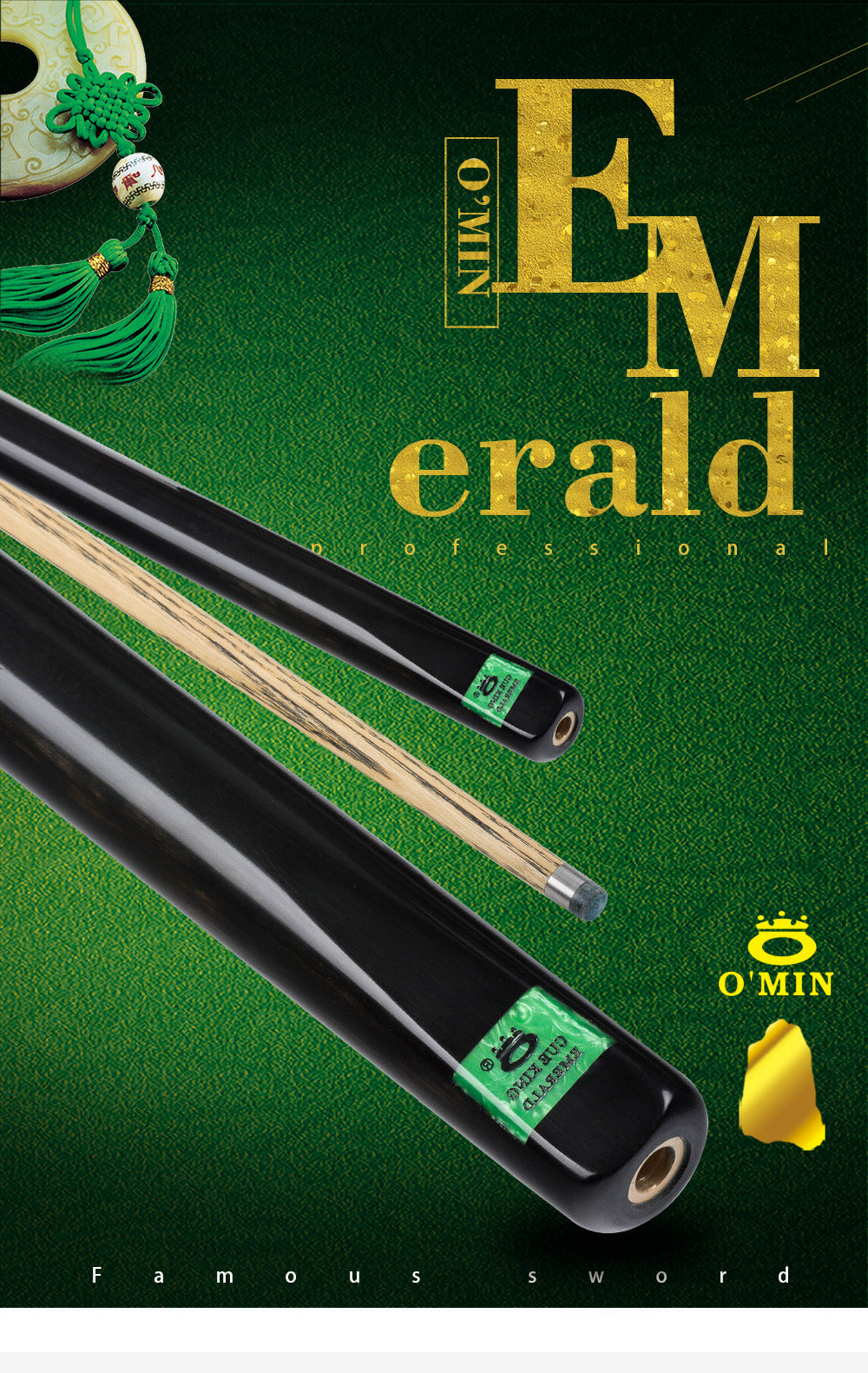 O'MIN Emerald 3/4 Snooker Cue Handmade 9.5mm Tip Case Top ebony Butt Extension Professional Billiard Snooker Cue High-end