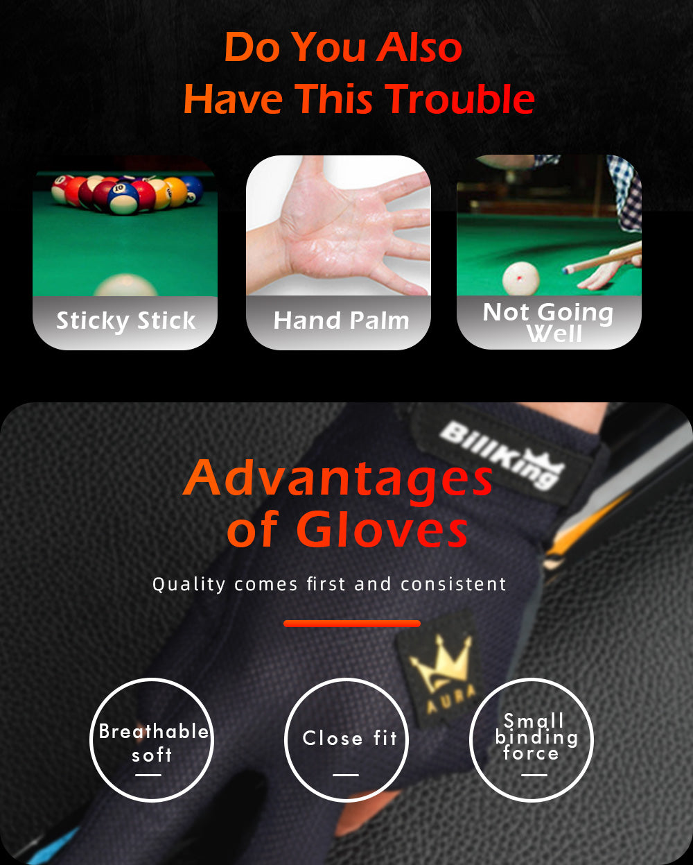 Billking Billiards Pool Cue Gloves 3 Fingers Left Mesh Carom Cue Gloves Professional Pool Stick Glove