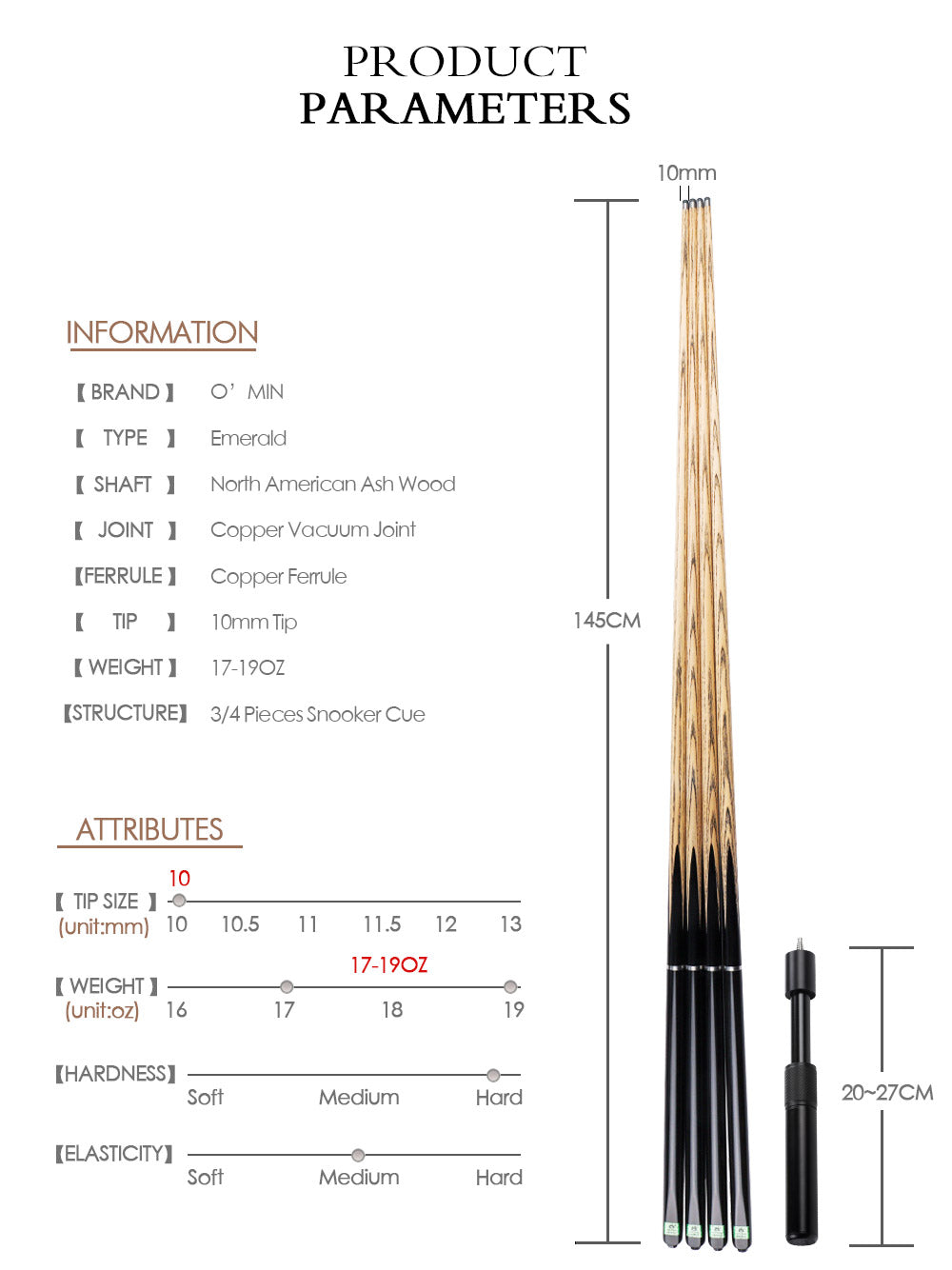 O'MIN Emerald 3/4 Snooker Cue Handmade 9.5mm Tip Case Top ebony Butt Extension Professional Billiard Snooker Cue High-end