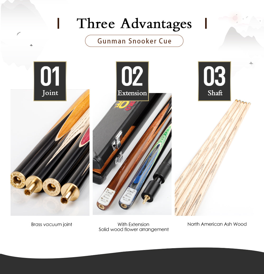 O'MIN GUNMAN Snooker Cue 3/4 Piece with O'MIN Case with Telescopic Extension 9.5mm 10mm Tip