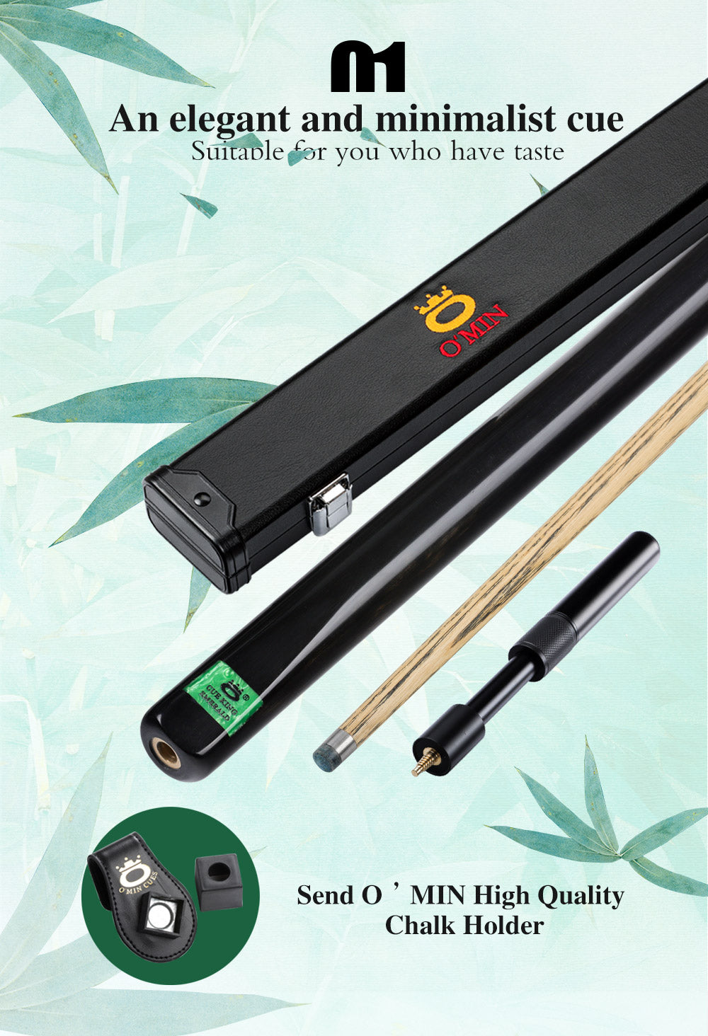 O'MIN Emerald 3/4 Snooker Cue Handmade 9.5mm Tip Case Top ebony Butt Extension Professional Billiard Snooker Cue High-end