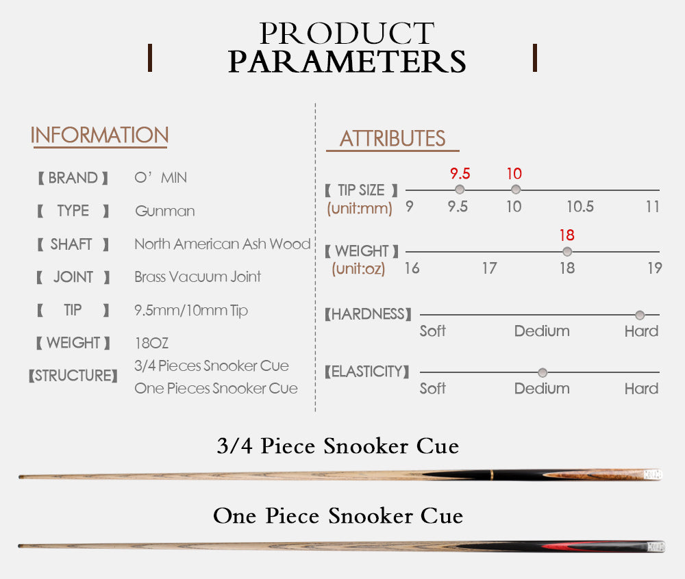 O'MIN GUNMAN Snooker Cue 3/4 Piece with O'MIN Case with Telescopic Extension 9.5mm 10mm Tip