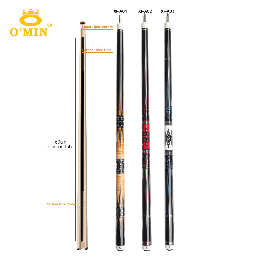 OMIN XF-A1-3 Pool Cue 12.8mm Tip Maple Shaft with Carbon Tube 55cm with OMIN bag