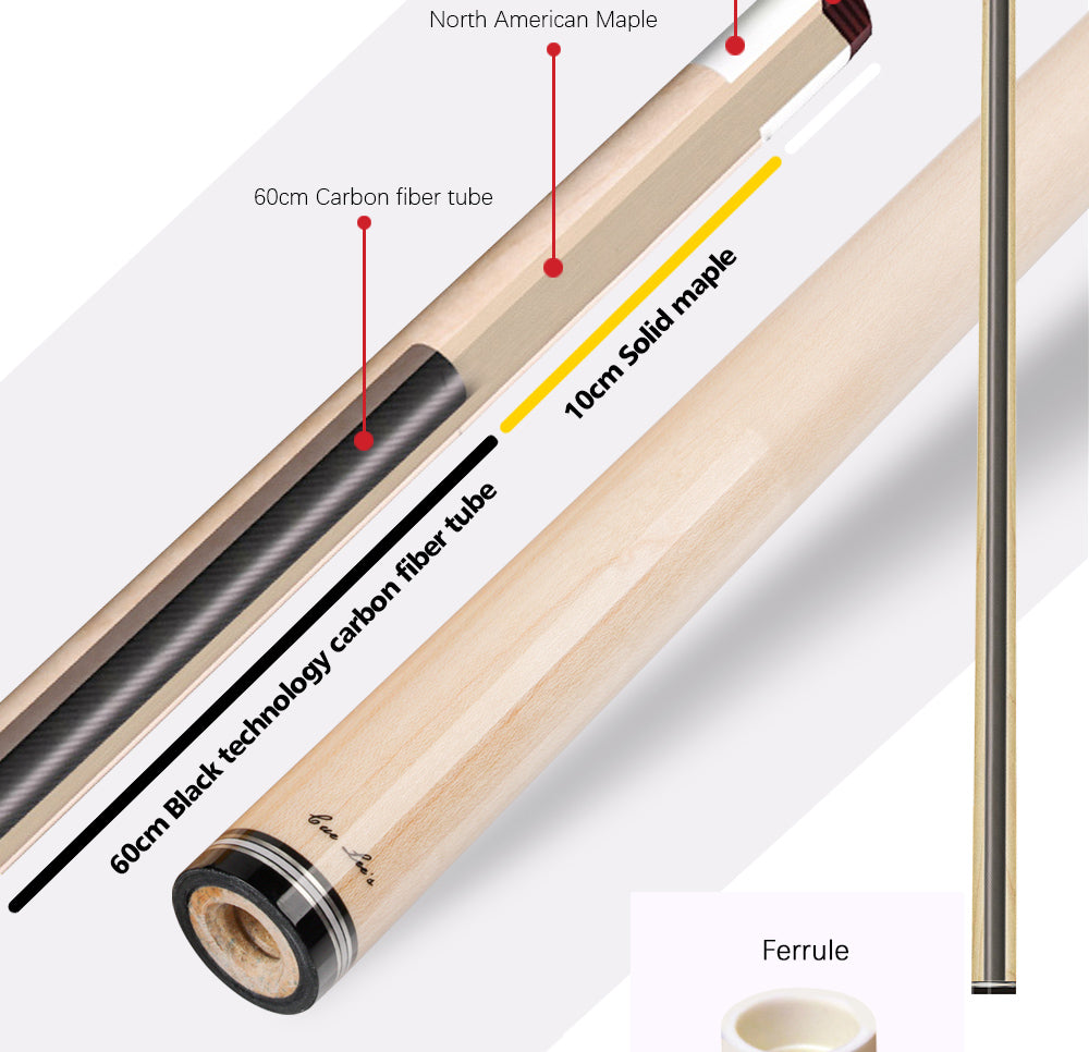 OMIN XF-A1-3 Pool Cue 12.8mm Tip Maple Shaft with Carbon Tube 55cm with OMIN bag