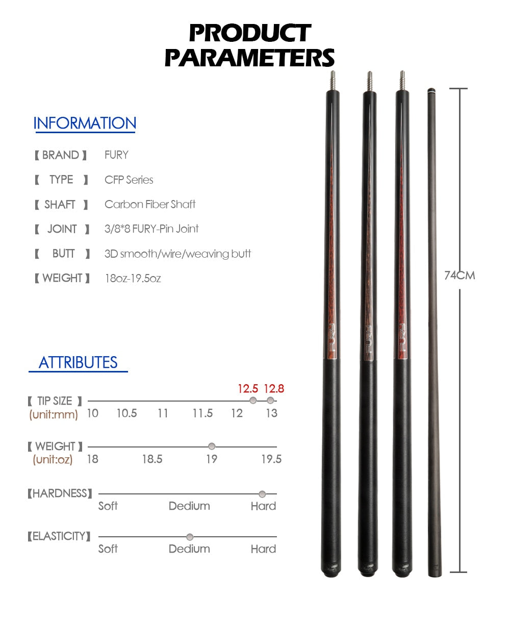 FURY CFP Billiard Black Technology Pool Cue 12.5mm/12.8mm SS Kamui Tip PAS Carbon Fiber Shaft Professional Billar Stick Kit