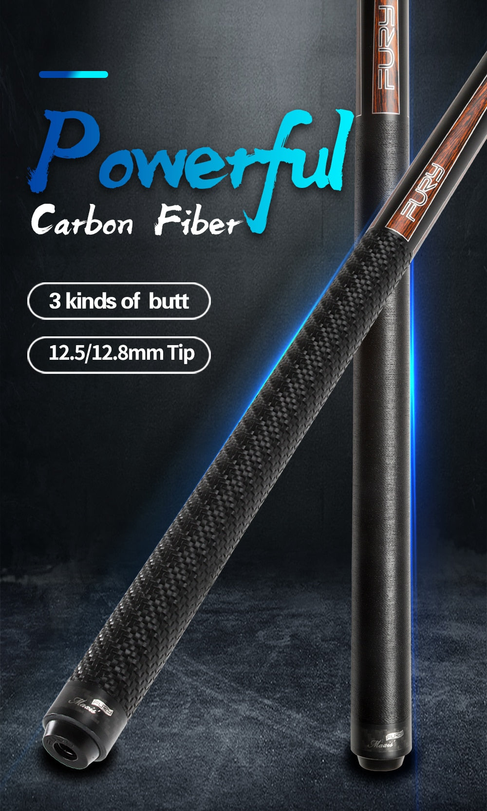 FURY CFP Billiard Black Technology Pool Cue 12.5mm/12.8mm SS Kamui Tip PAS Carbon Fiber Shaft Professional Billar Stick Kit