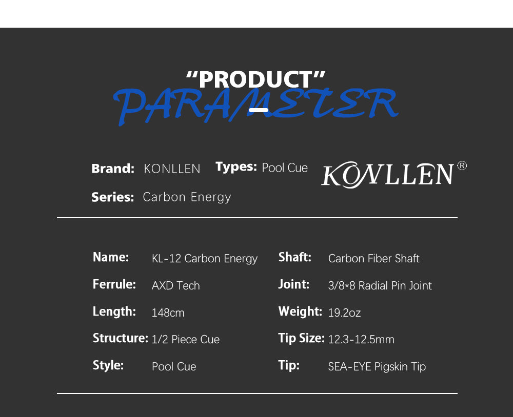 KONLLEN KL-12F Carbon Fiber Pool Cue Stick 12.4mm Tip