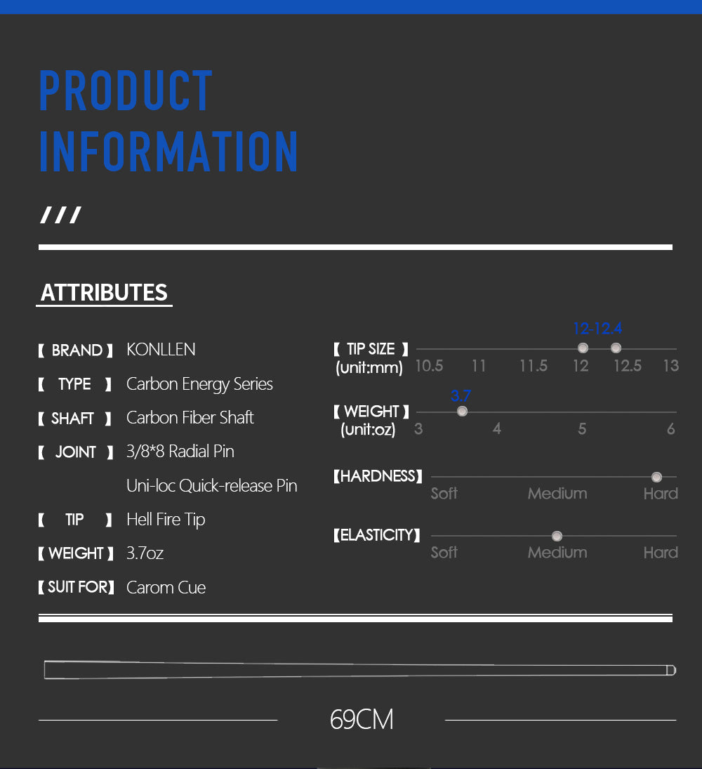 KONLLEN Carom Cue Carbon Fiber Shaft 12.4mm Uni-loc Radial Pin 3/8*8 Pin Joint 69cm Length