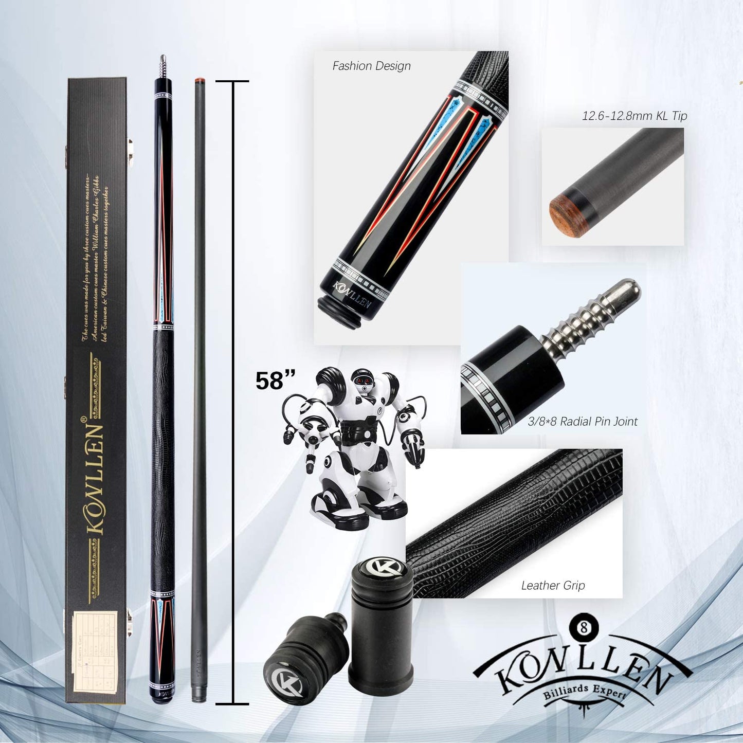 KONLLEN Carbon Fiber Pool Cue Stick Handmade Inlay Cue 12.5mm (Abalone Shell Inlay Ring, Carbon Technology Low Deflection Billiard Cue Stick, Ebony